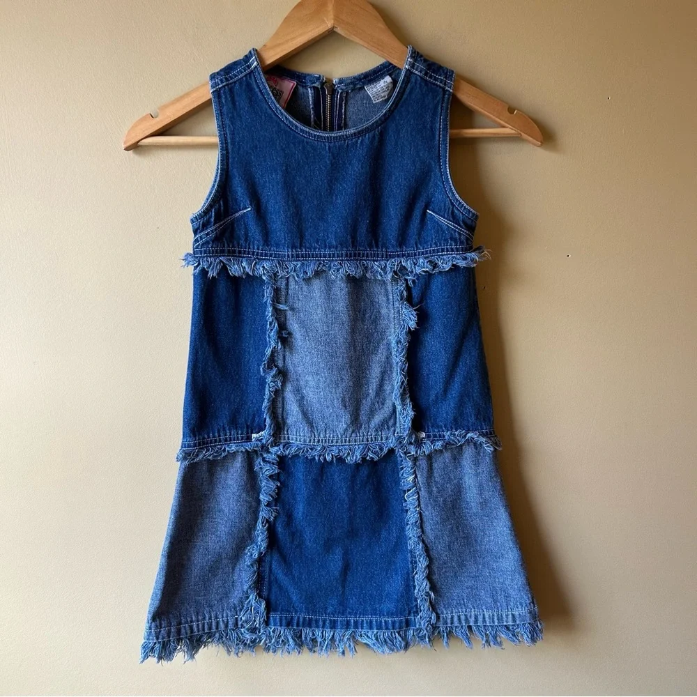Vintage 90’s Princess Collection Denim Fringe Patchwork Dress Girls Size S 7/8 - Picture 1 of 11